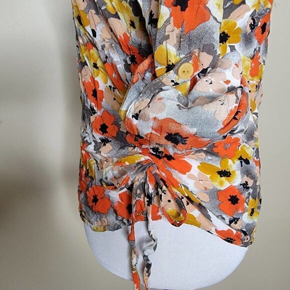 Ms Bella D Floral Long Sleeve Tie Hip Blouse Orange Gray Pink Size Small - Picture 10 of 14